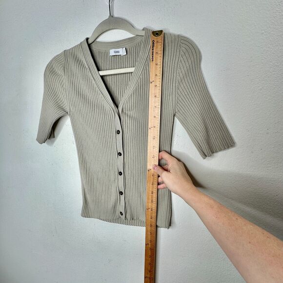 Closed Stone Gray Ribbed Knit V-Neck Front Button Short Sleeve Cardigan Top XXS - Picture 13 of 13
